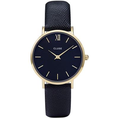 Cluse Ladies Minuit 33mm Blue Leather Band Metal Case Quartz Black Dial Analog Watch Cl30014