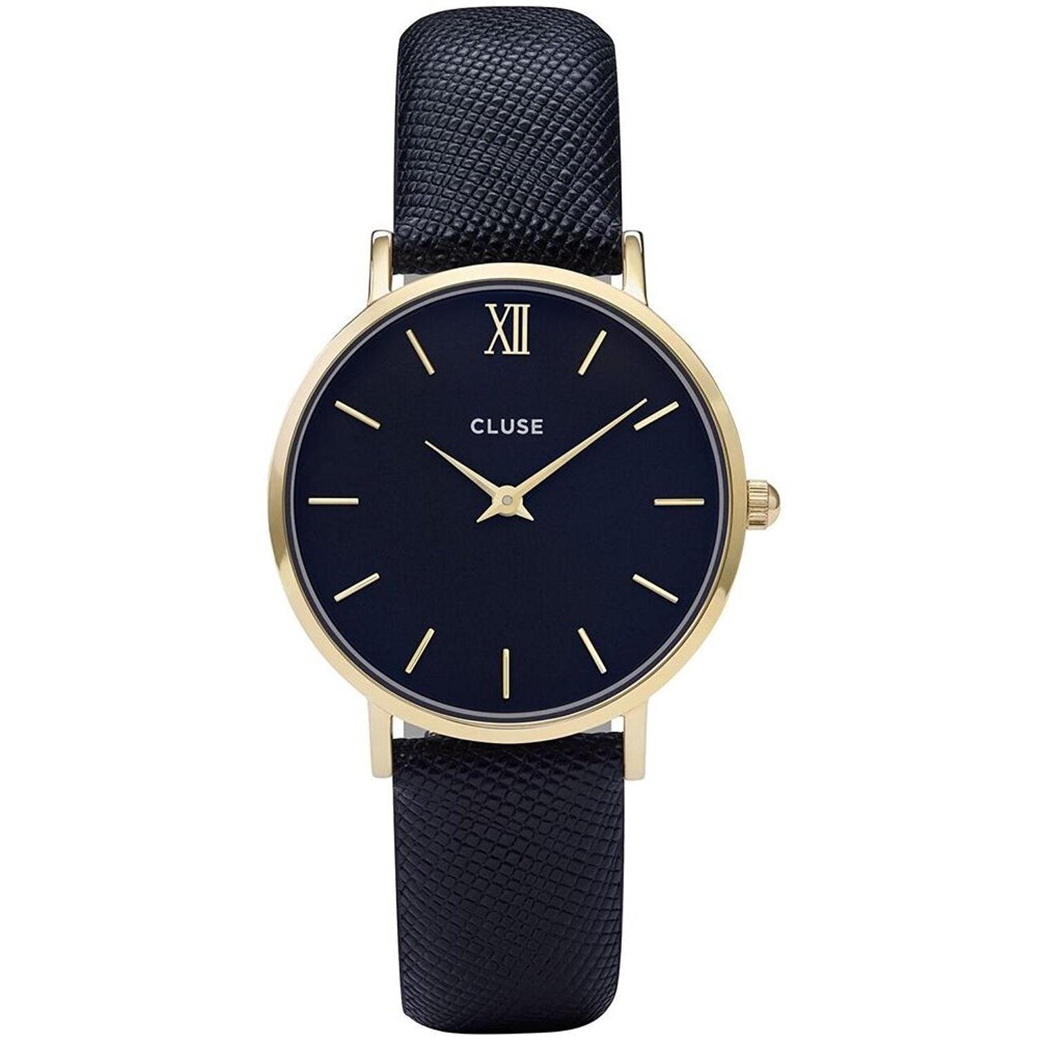 

Cluse Minuit 33mm Blue Leather Band Metal Case Quartz Black Dial Analog Watch CL30014 Women s