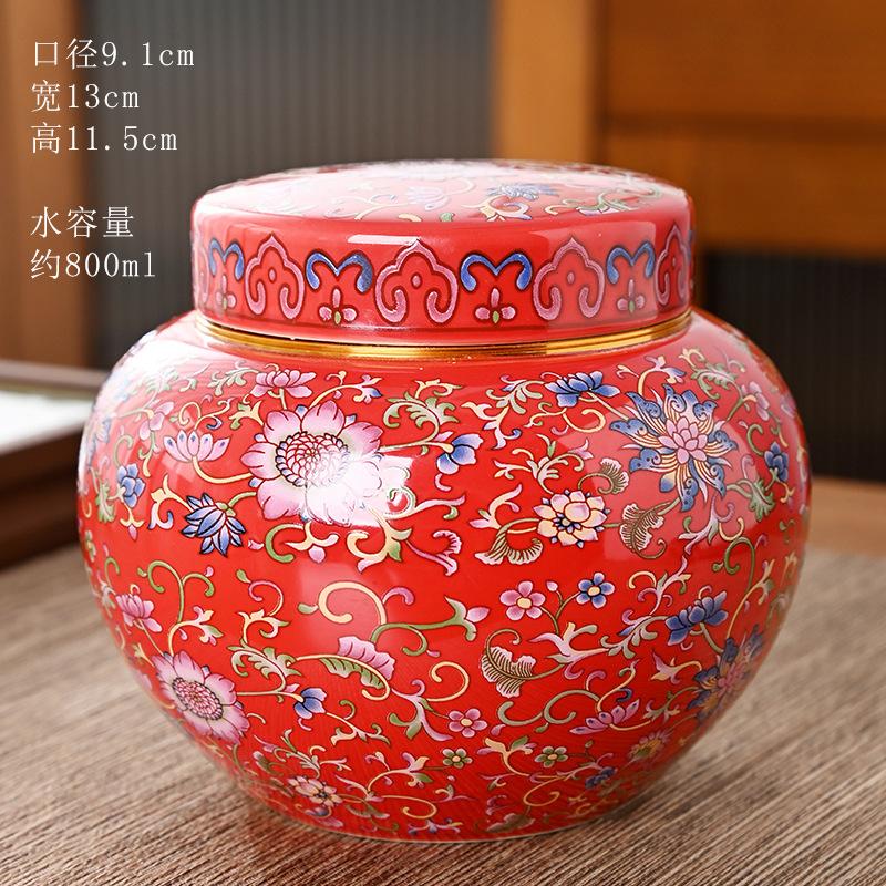 

Luxury Gold-plated Ceramic Tea Canister with Climbing Lotus Painted Flowers Storage Jar Craft Desktop Ornament Storage Jar Decor