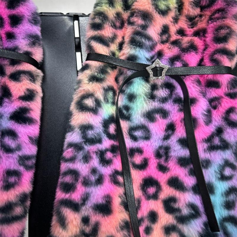 1 Paar bequeme Fleece-Beinlinge zum Stapeln mit Leopardenmuster und Spitzenbesatz, verstellbar für Outfits bei kaltem Wetter