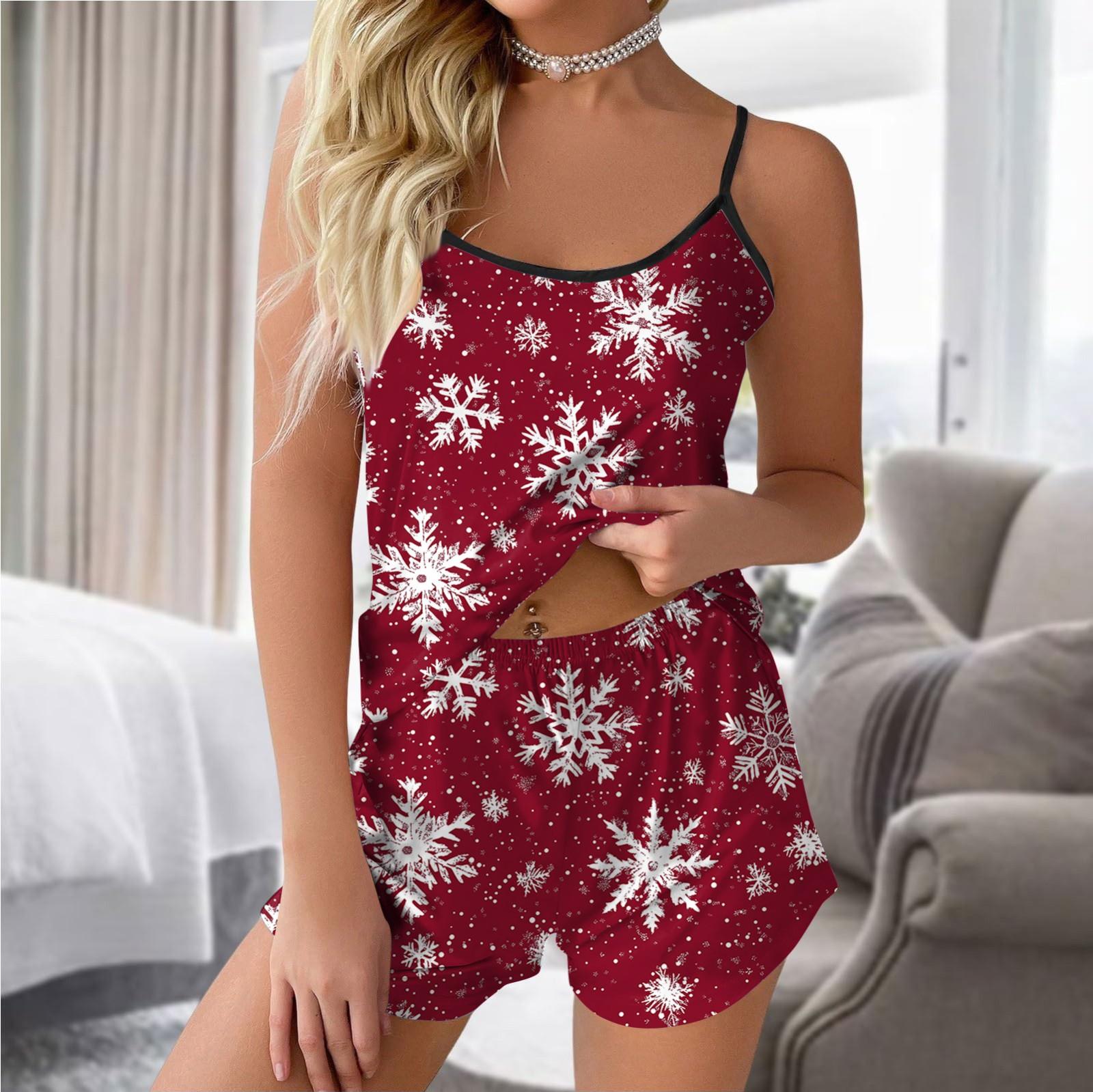 

Женская мода повседневный безрукавный топ шорты пижамный комплект с рождественским принтом M красный
