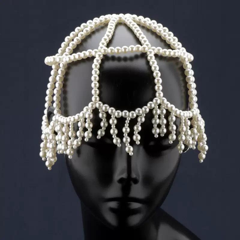 

[HF]#1Pc European And American New Style Woven Pearl Tassel Hat Chain Bridal Temperament High-end Versatile Hair Accessories