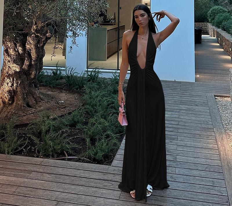 

Весна та Літо Новий Оптовий Жіночий Одяг Однотонний Темперамент Глибокий V-подібний Виріз Халтер Шия Відкрита Спина Приталена Сукня Жіноча M чорний