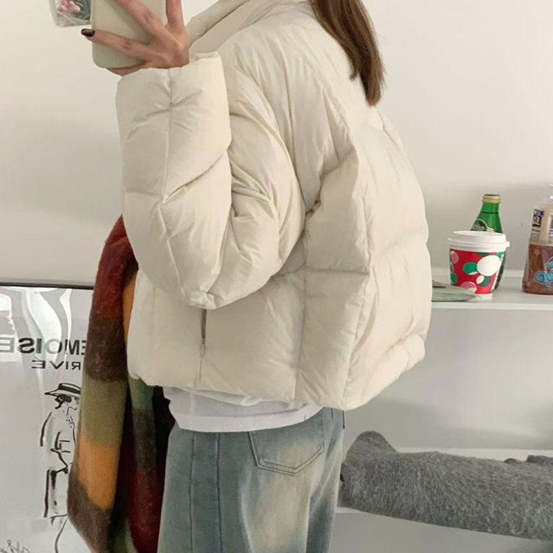 High fluffy 90 white duck down puff down jacket women's short 2024 fashion stand-up collar thickened small bread jacket