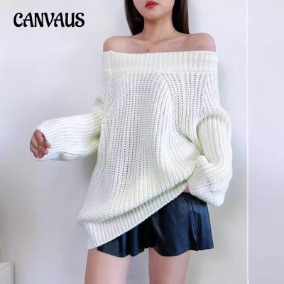 Winter Women's Thickening Sexy One-line Collar Pullover Sweater Loose Tops Thick Needle Lantern Sleeve Knit Sweater Tide