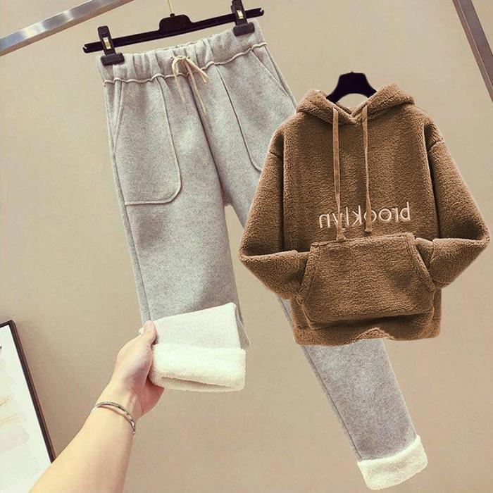 Women's Korean-Style Fleece-Lined Sweatshirt & Nine-Point Wool Pants Set