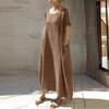 Women's Loose Fit Cotton Linen Dress 2023 Round Neck Slit Belted Design