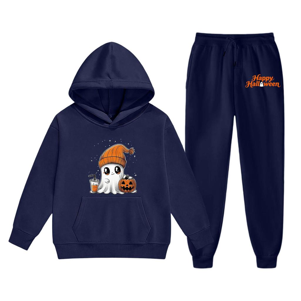 Kids Halloween Hoodie Set Long Sleeve Pullover Top and Pants with Ghost Pumpkin Print Comfortable Fit for Boys and Girls