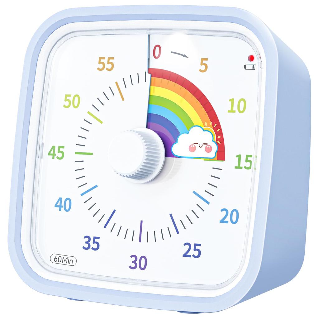 Yunbaoit Verbessertes 60-Minuten-Timer für Studium, Kinder, Küche und Büro, mit optionalem Alarmmodus für den Heim- und Schulgebrauch (Hellblaues Regenbogen)