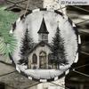2D Flat, 1pc Round Aluminum Hanging Sign with a Rustic Style Featuring a Vintage Church And Christmas Tree Design - Easy To Hang Indoor Outdoor