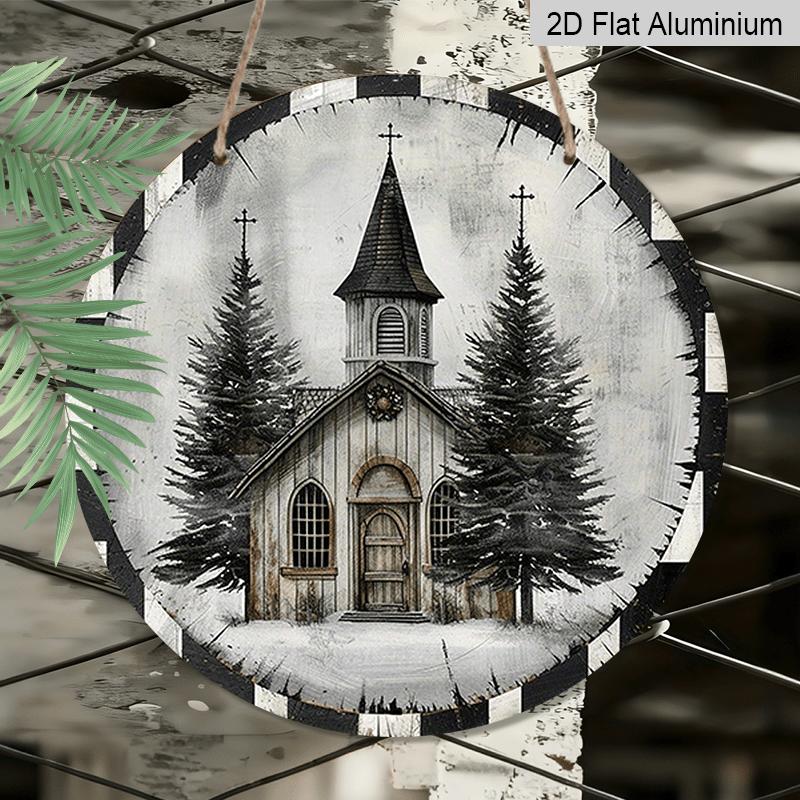 2D Flat, 1pc Round Aluminum Hanging Sign with a Rustic Style Featuring a Vintage Church And Christmas Tree Design - Easy To Hang Indoor Outdoor