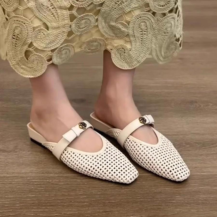 Woven breathable hollow bag head half slippers women's summer new French thick heel versatile sandals