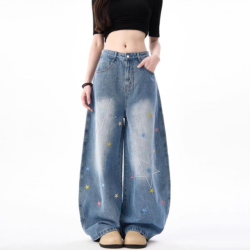 

Womens High Waist Star Embroidered Wide Leg Jeans Y2K Baggy Denim Trousers Streetwear XS синий