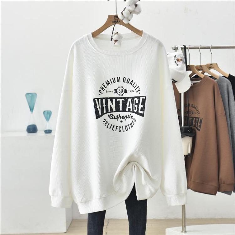 Women's Loose Long Sleeve Waffle Sweatshirt Plus Size Casual Pullover Top