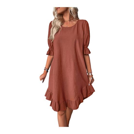 Women's Summer Cotton Linen Dress Casual Crew Neck Short Sleeve Midi Dress Beach Vacation Ruffle Hem Loose Dress