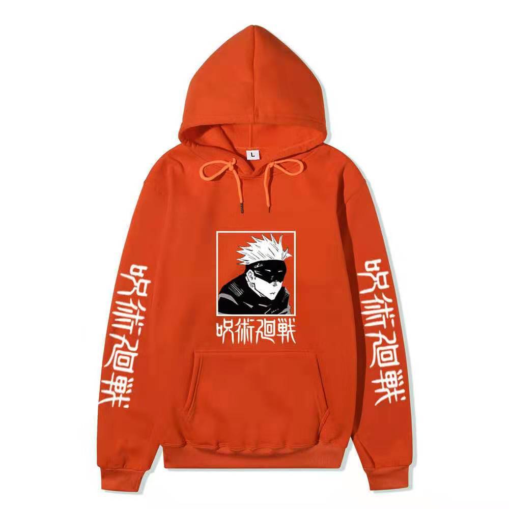 Men Women Fleece Hoodie Gojo Manga Art Two Sleeve Vertical Japanese Characters Casual Anime Hooded Sweatshirt