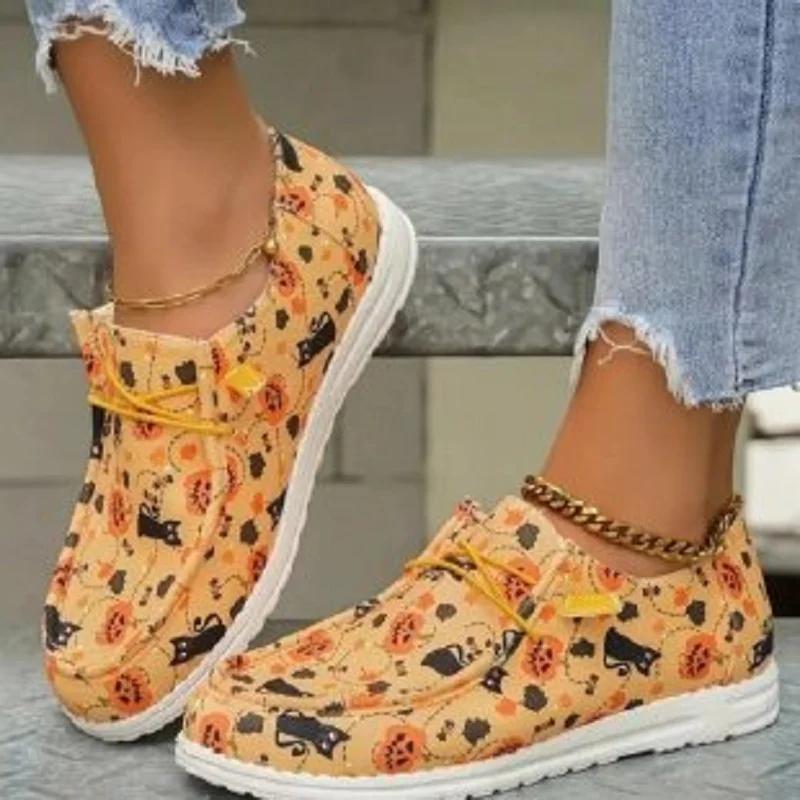 Plus Size Women's Vulcanize Shoes Spring and Autumn Casual Halloween Pumpkin Print Canvas Shoes Fashion Flat Shoes Zapatos Mujer
