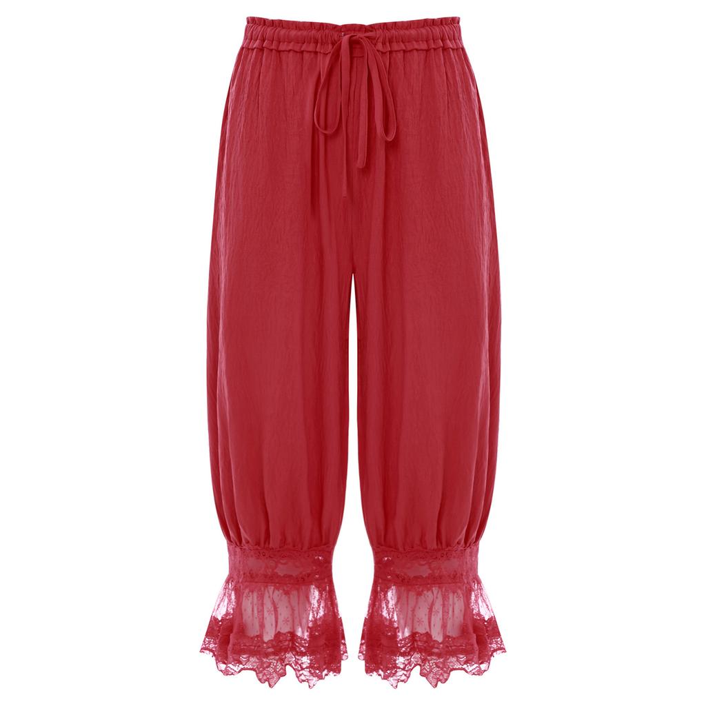 S-L Women's Lace Trim Bloomers: Versatile Midi Harem Pants with Drawstring, Loose Wear & Medieval Pirate Costume