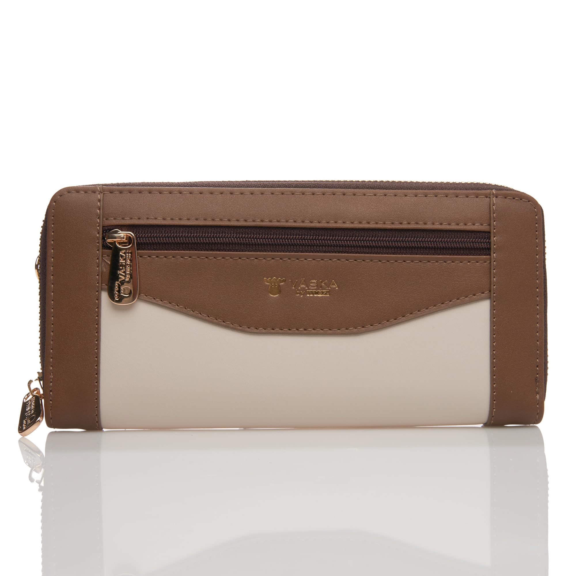 

VASKA by moz Twice Zipper Wallet, Women s, Popular Scandinavian Design, Round Zipper, Large Capacity, Slim Wallet with Coin Purse, VS-0211, Mocha