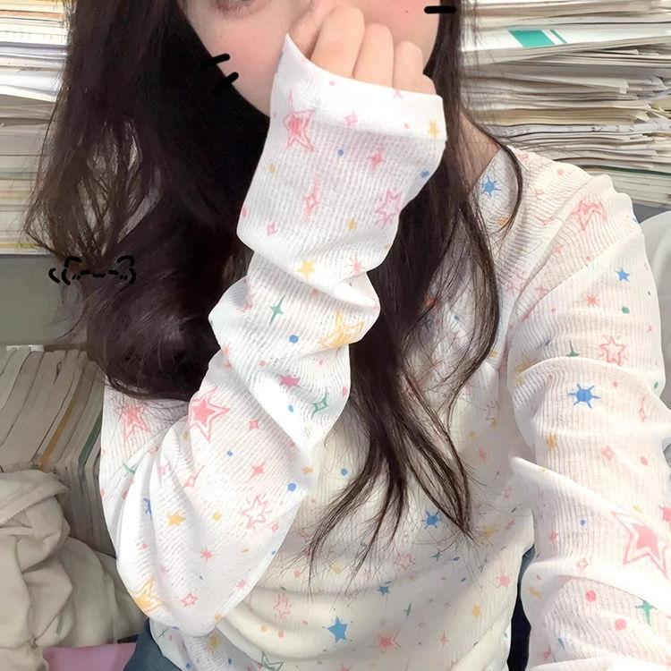 Hvězdný design Kryt proti slunci Potištěné tričko s dlouhým rukávem Slim-fit Jednoramenné Letní lichotivé topy s ochranou proti slunci pro pikantní dívky