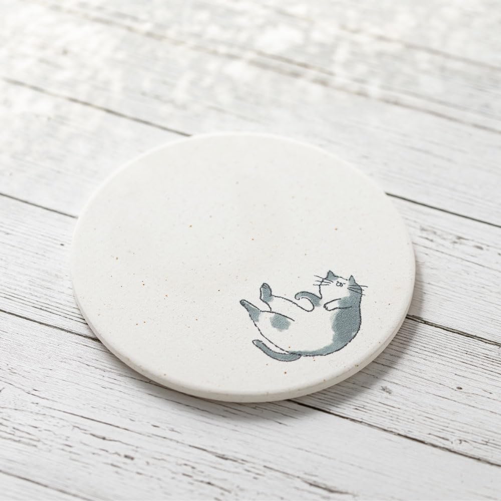 &NE Ceramic Diatomaceous Earth Coaster, Neko (Baking in the Sun), White, 9.7cm Diameter x 0.6cm Thick, Made in Japan, Mino Ware, Asbestos-Free,
