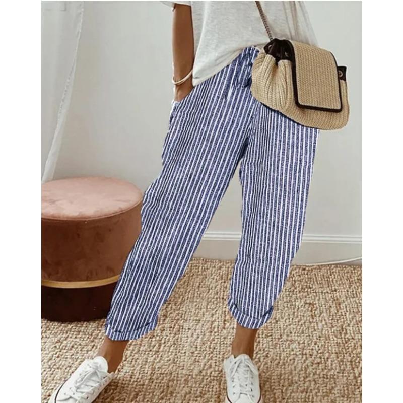 Sommer Damen Gestreifte Freizeithose Lockere Hose mit elastischer Taille M blau