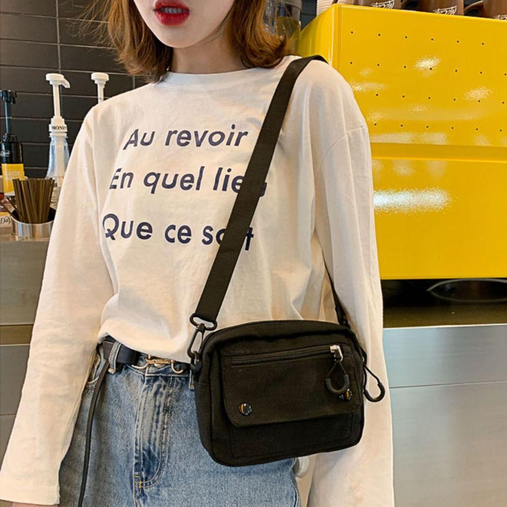 Korean Pure Color Canvas Shoulder Bag Zipper Canvas Messenger Bags Multifunctional Mobile Phone Bag Student