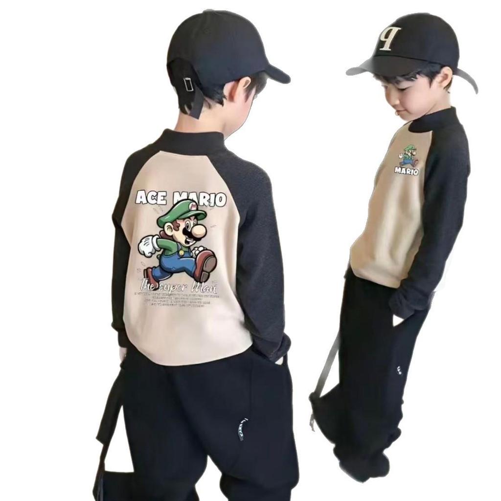 Jungen Fleece Patchwork Cartoon T-Shirt - Herbst/Winter Stilvolles Basic für mittlere & große Kinder