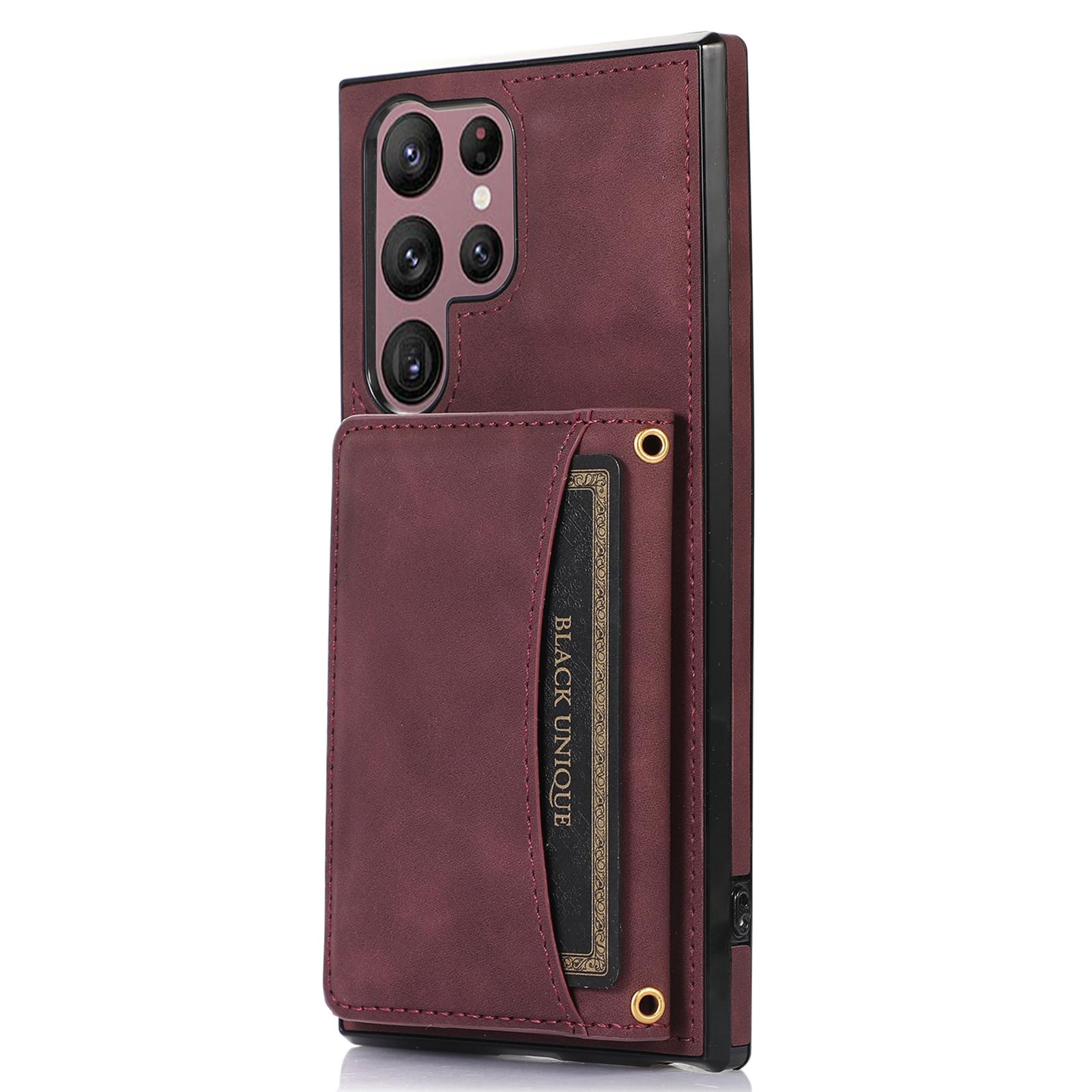 

For Samsung Galaxy S24 Ultra Phone Case Tri-Fold Wallet Kickstand PU Leather+TPU Back Cover Red
