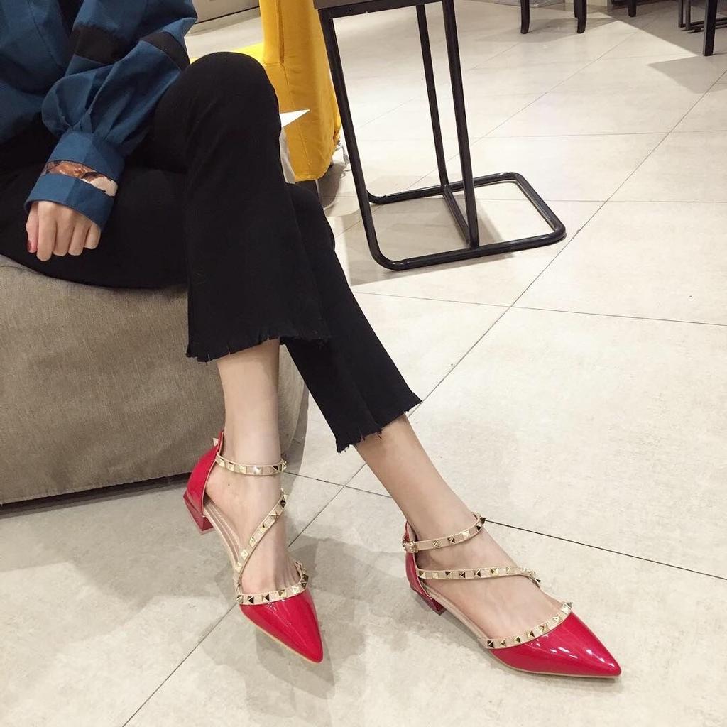 2025 Spring Summer Shoes Women Low Heels Fashion Brand Pointed Toe Rivets Elegant Ladies Heel 3cm Black Red Plus Size 41
