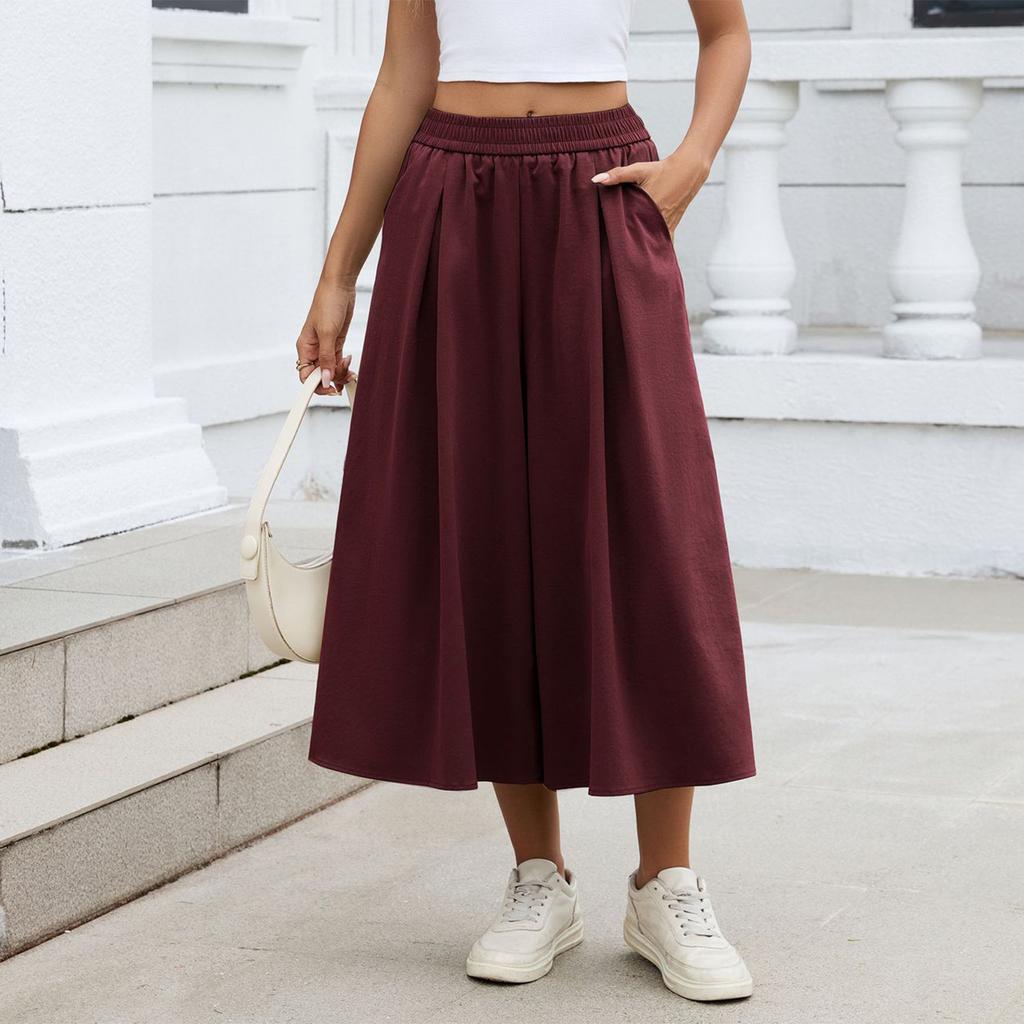 Women's Fashion Color Loose Wide Leg Pants Elastic Waist Pockets High-Waisted Skirt Pants