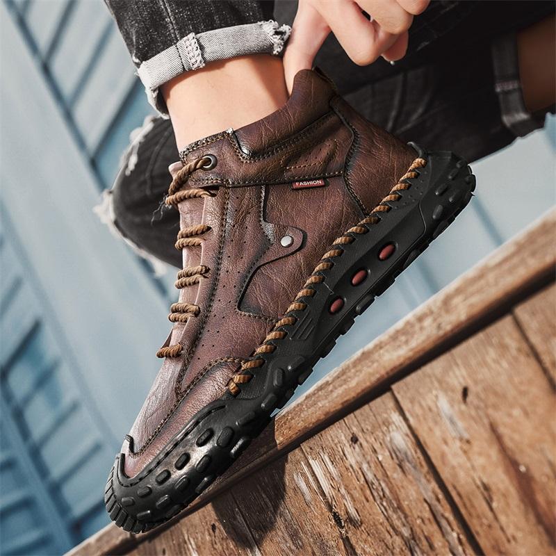 Spring/ AutumnMen's High-top Casual Sneakers Handmade Leather Shoes Plus Size 39-48