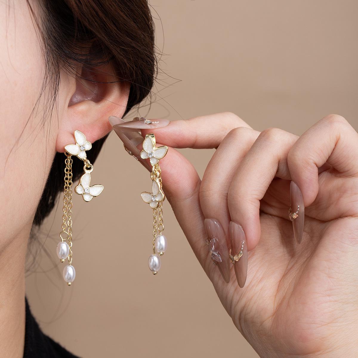 Silver Needle Pearl Butterfly Stud Earrings - Summer Fashion for Women