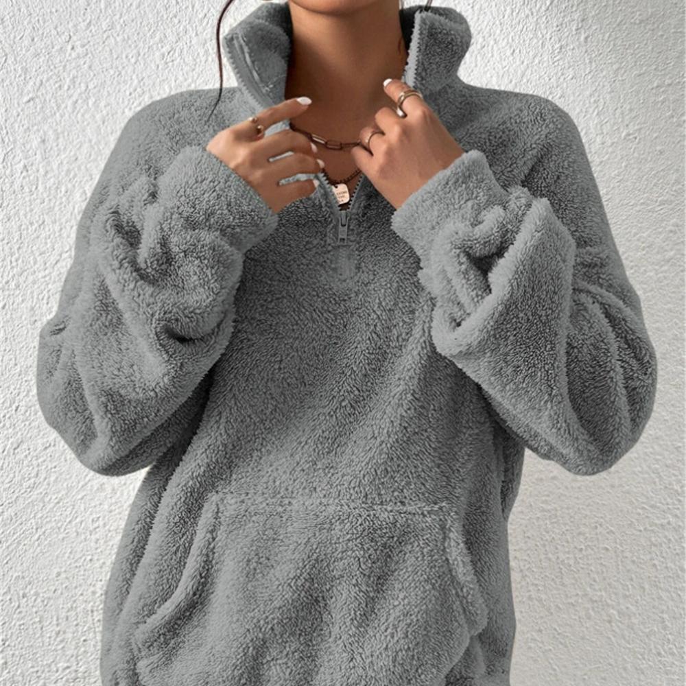 New Women's Plush Lined Stand Collar Sweatshirt, Half Zip Casual Pullover Top with Fleece Lining for Autumn Winter Warm Sports Wear