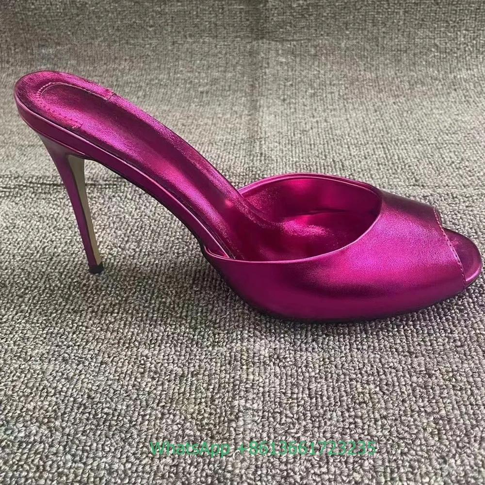 Fashion Genuine Leather Peep Toe Thin Heel Women Slippers Solid Summer Fashion Sandals Slip-On Shallow Patent Leather Shiny Sandals
