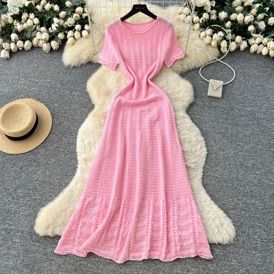 Frühling Sommer Damen Lässig Kurzarm Perlenstickerei Aushöhlen Gestrickter Pullover Lange Maxi Kleider
