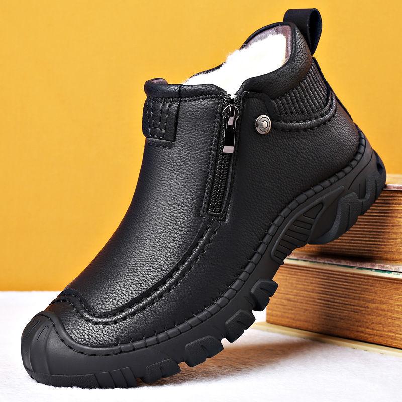 Winter Men Boots Thick Plush Warm Snow Boots Leather Zipper Men's Ankle Boots Platform Non-slip Waterproof Mens Hiking Shoes