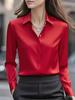 Women's 2026 Autumn Satin Lapel Shirt - Long Sleeve Solid Color Top