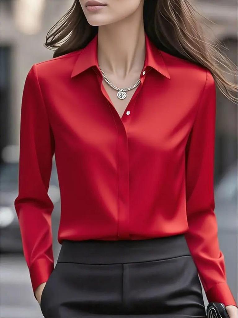 Women's 2026 Autumn Satin Lapel Shirt - Long Sleeve Solid Color Top