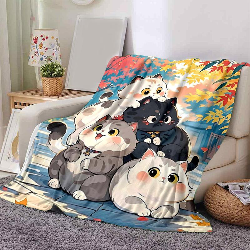 1pc Four Cute Lucky Cats Cartoon Blanket Seasonal Home Decor Gift for Fans, Soft for Couch, Living Room, Travel, Camping
