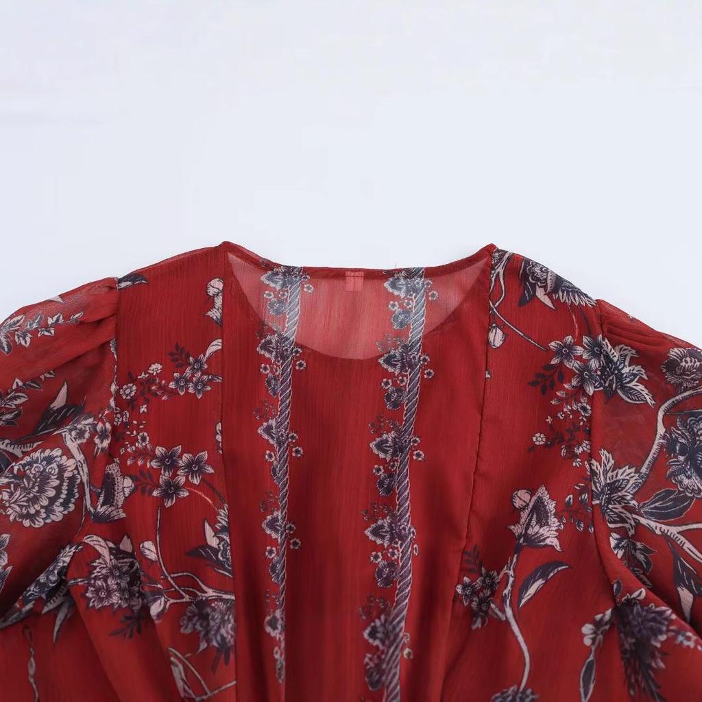 2025 Spring Women's Printed Round Neck, Fitted Waist Top - European & American Fashion Style