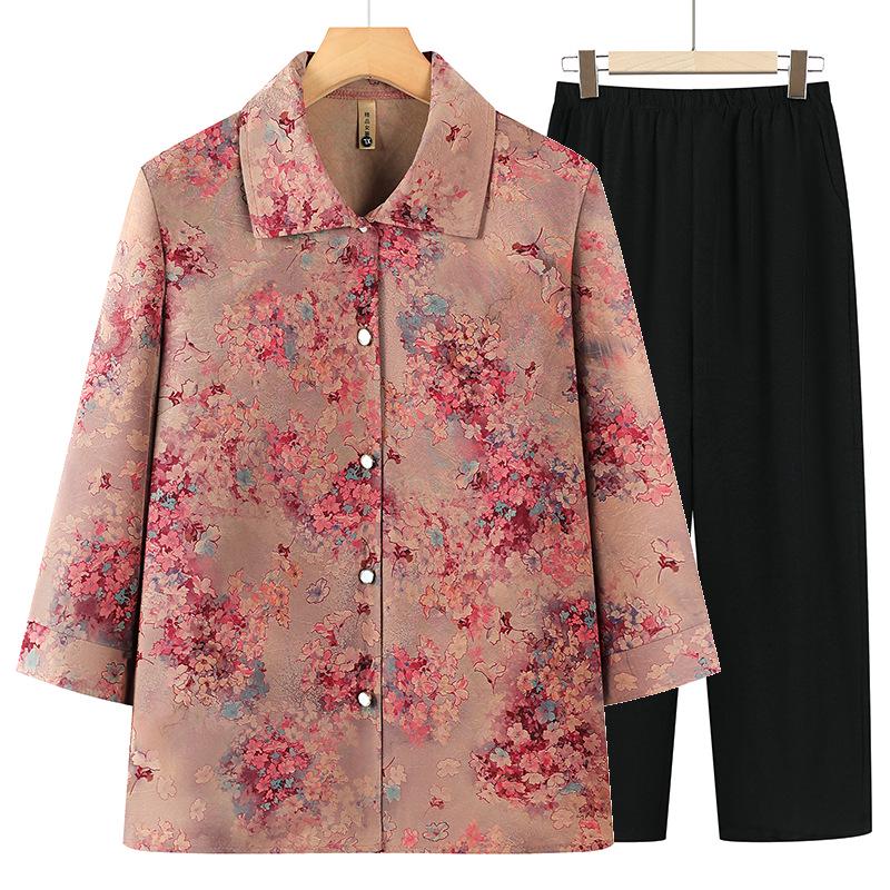 

Seven-Sleeve Grandma Style Two-Piece Set: Summer Shirt and Pants for Middle-Aged & Elderly Women XL (85-100 jin)