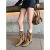 Cowhide version retro medium tube stacking boots western cowboy boots belt buckle thin boots pointed thick heel high heel short boots women