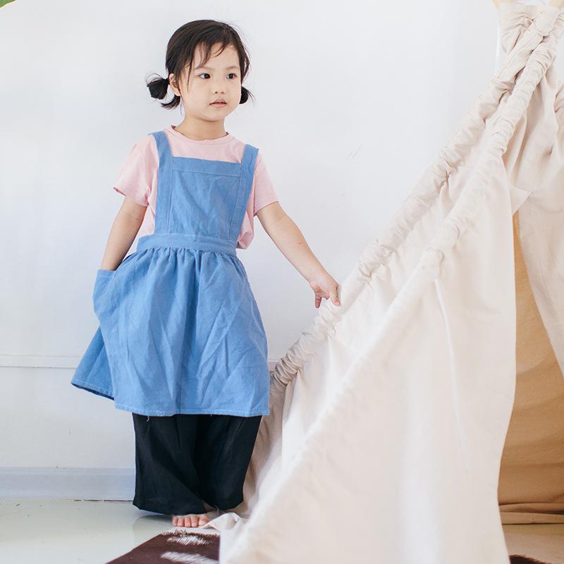 

Apron children cotton linen apron baby cooking kitchen hand work cute florist home smock M size синій