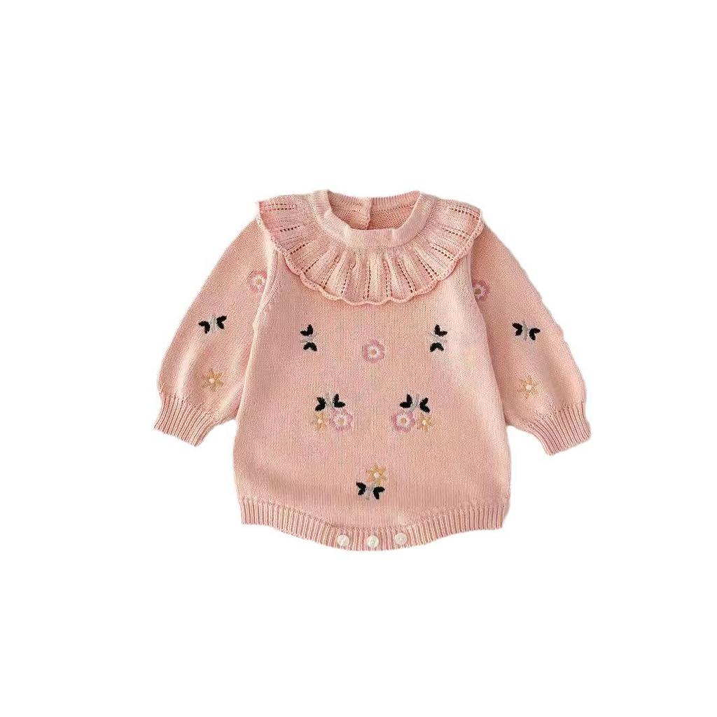 Baby Mädchen gestrickter Woll-Jumpsuit mit Stickerei und Umlegekragen - Frühlings-/Herbststil