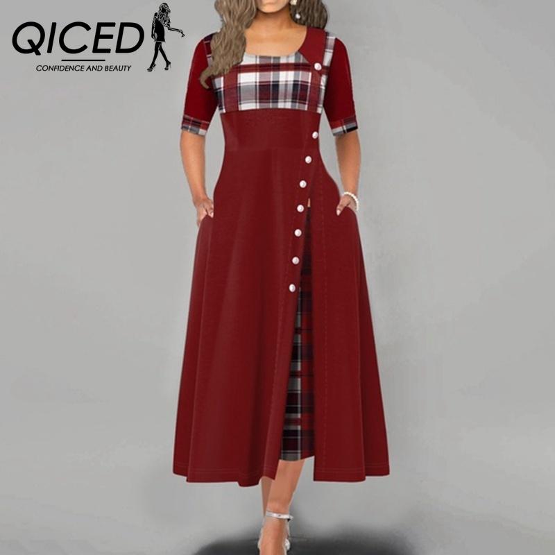 

QICED Женское Модное Повседневное Необычное Платье Макси с Пуговицами и Принтом Клетки, с Коротким Рукавом и Круглым Вырезом, Большого Размера, для Вечеринки XXXL красный
