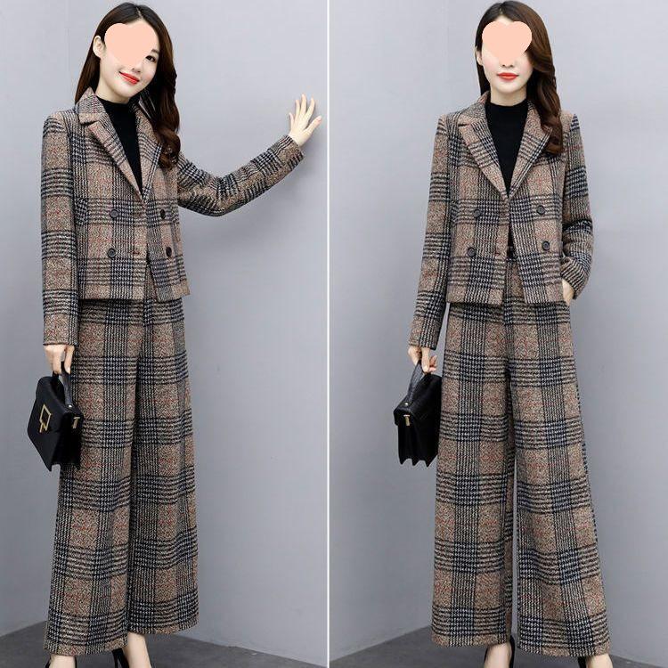 Women's Plus Size Wool Suit: Autumn/Winter 2025, Two-Piece Set with High-Waist Wide-Leg Pants