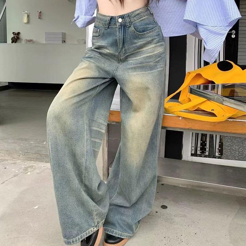 Spring Summer Vintage Chicly Button Jeans Women American Simple Baggy High Waisted Denim Pants Washed Y2K Wide Leg Jean Trousers