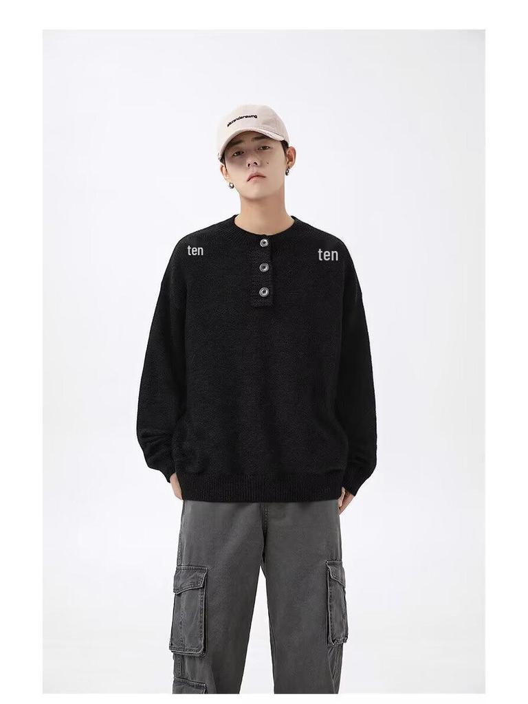 Men's Korean Style Grey Henley Knit Sweater, Long-Sleeve, Round Neck, Winter 2026 Edition