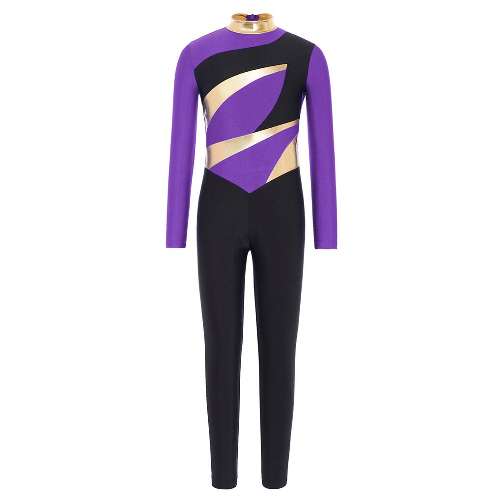 Boys Color Block Gymnastics Jumpsuit Metallic Mock Neck Long Sleeve Back Invisible Zipper Bodysuit